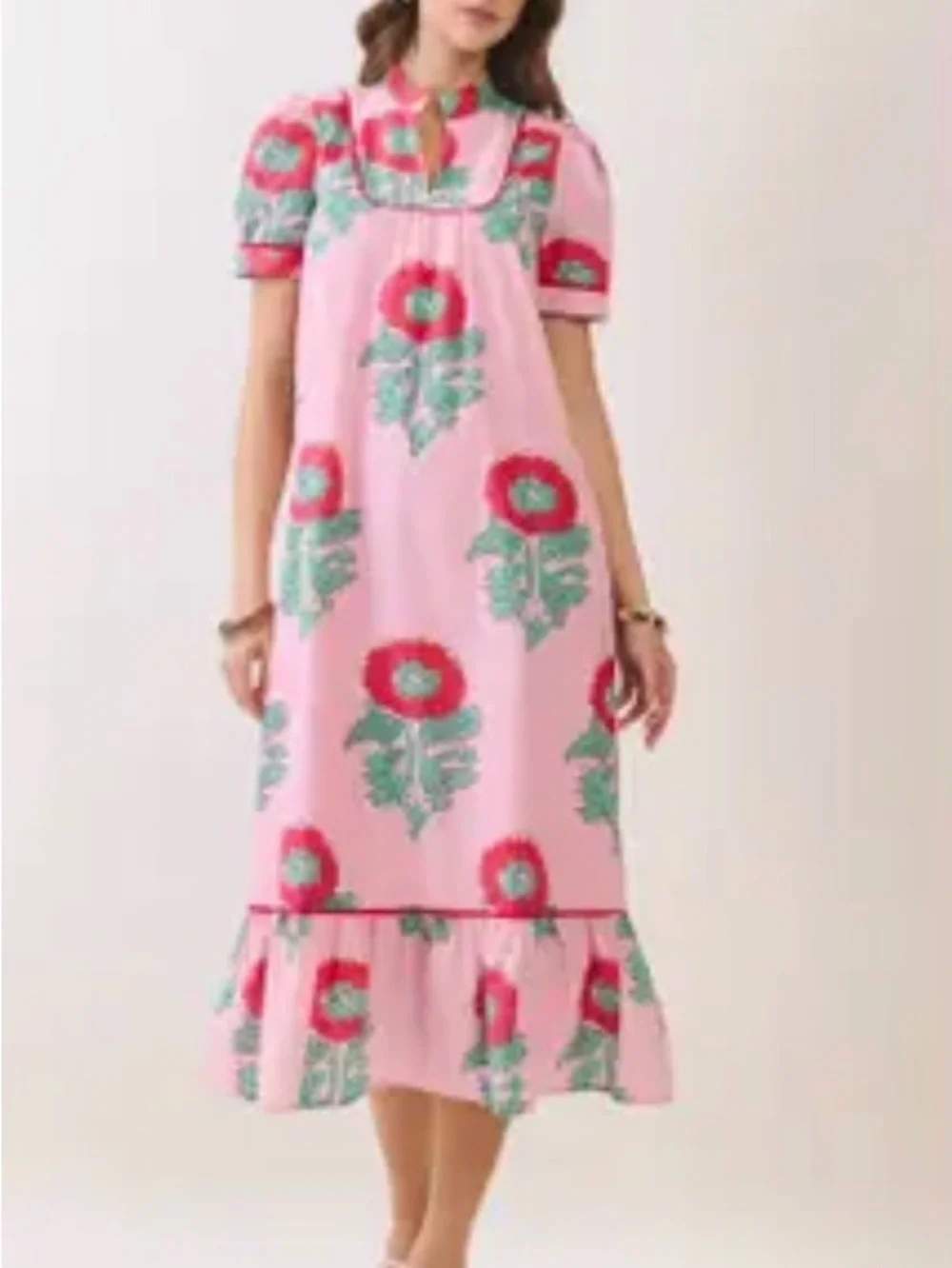 TCEC Pink Floral Midi Dress with Red and Green Accents